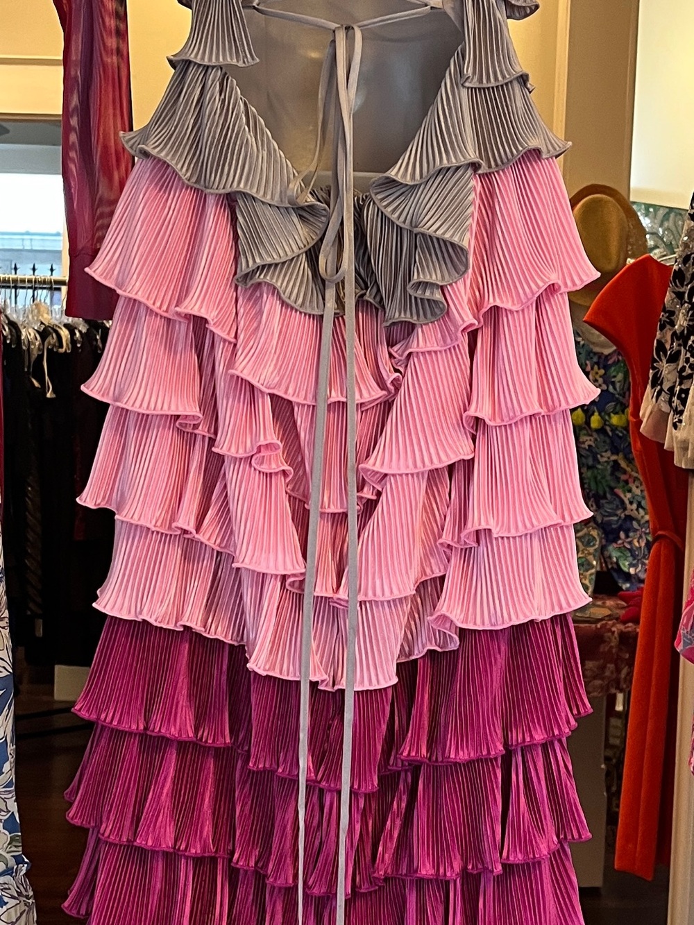 B-Fyne Savannah Ombre Tiered Metallic Ruffle Maxi NWT in Gray and Pink Size Sm - Picture 3 of 6